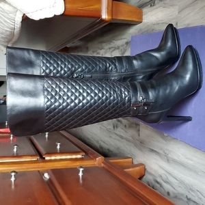 🔥 Sexy black leather knee-high heeled boots